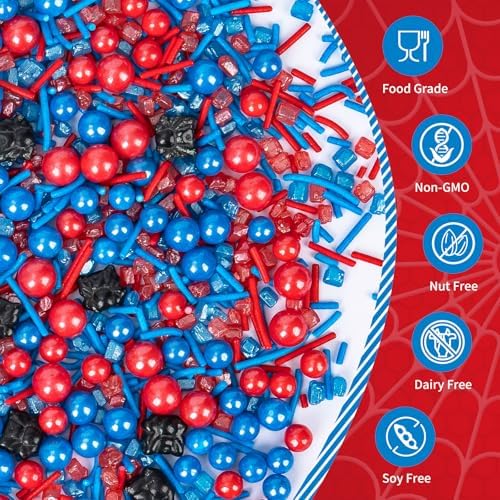 Edible Spider Sprinkles,Black Spider,Hero Sprinkle,Spiderman Sprinkle for Cake,Red Blue Pearls Jimmies and Sanding Sugar Crystals for Desserts Decorating,130g,Cupcakes Cookie Donuts Ice Cream Decorations,Themed Toppers,Birthday,Children's Party Supplies
