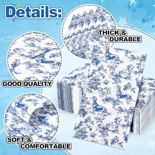 AnyDesign Chinoiserie Dachshund Guest Napkins Paper Napkins Blue White Floral Weiner Sausage Dog Disposable Hand Towels for Home Bathroom Kitchen Table Decor Supplies, 50 Pcs