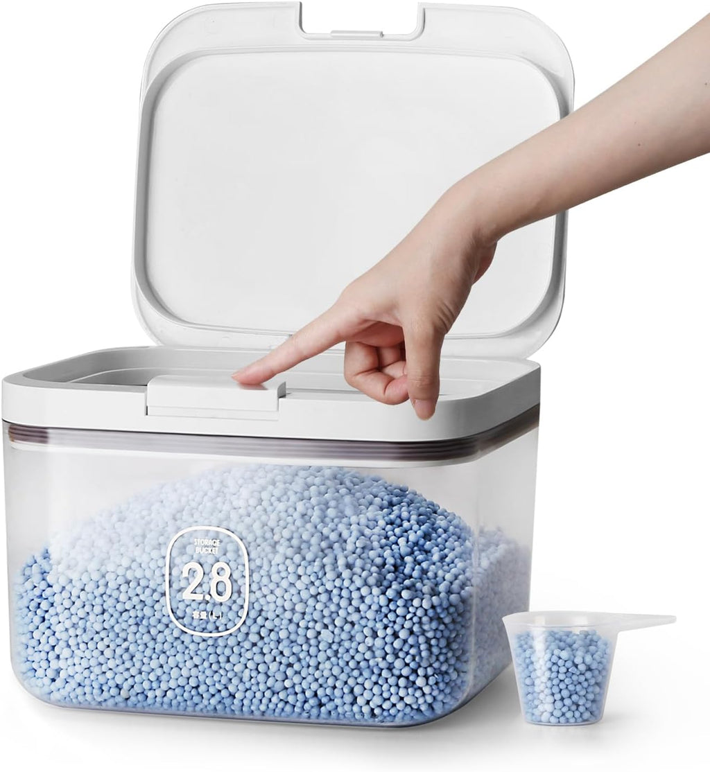 LivLab Mker Laundry detergent dispenser with One-Press Lid,for laundry room organization,Clear PET laundry powder container with Measuring Cup,laundry pods container 2.8L/6Lbs/100oz(120 Pods)
