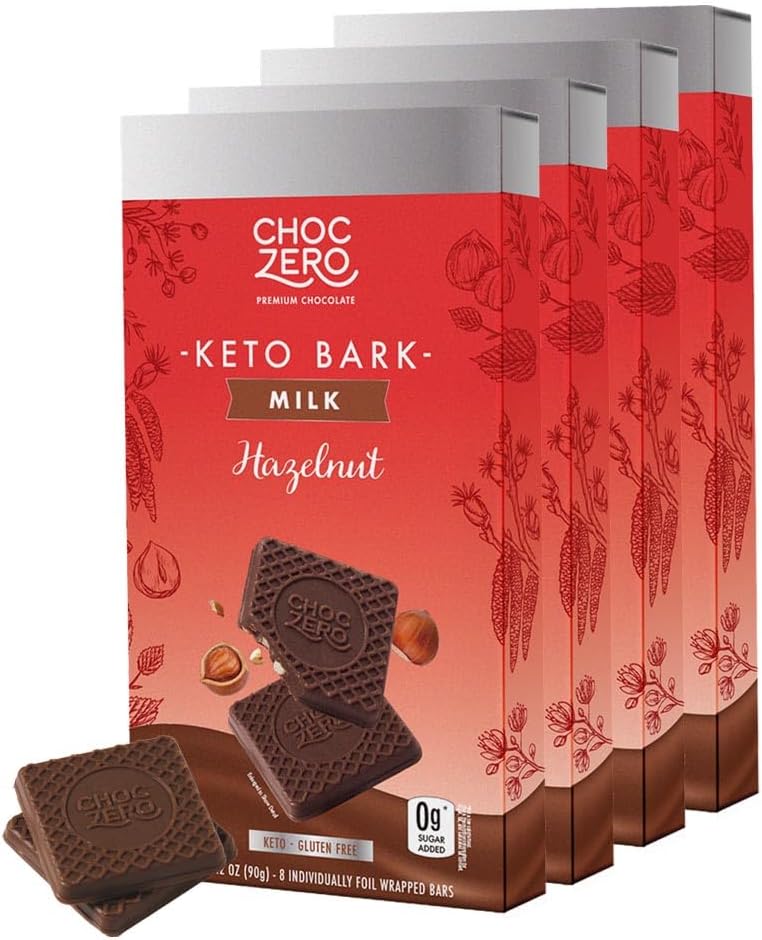 ChocZero Milk Chocolate Hazelnut Bark, No Added Sugar, Low Carb, High Fiber, Keto Friendly, No Sugar Alcohols (4 Count, 3.2oz Boxes)