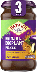 Patak’s Brinjal Eggplant Pickle - Medium Heat Spicy Indian Pickle Relish w/Mustard Seeds, Garlic & Aromatic Spices - Vegan & Gluten-Free Indian Eggplant Achar - Ready to Serve - 11oz Jar (Pack of 3)