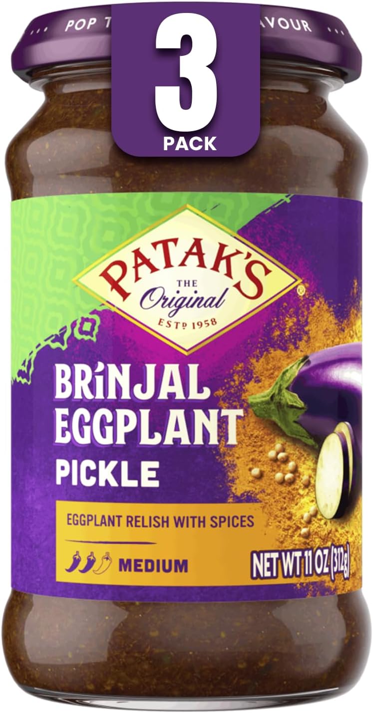 Patak’s Brinjal Eggplant Pickle - Medium Heat Spicy Indian Pickle Relish w/Mustard Seeds, Garlic & Aromatic Spices - Vegan & Gluten-Free Indian Eggplant Achar - Ready to Serve - 11oz Jar (Pack of 3)