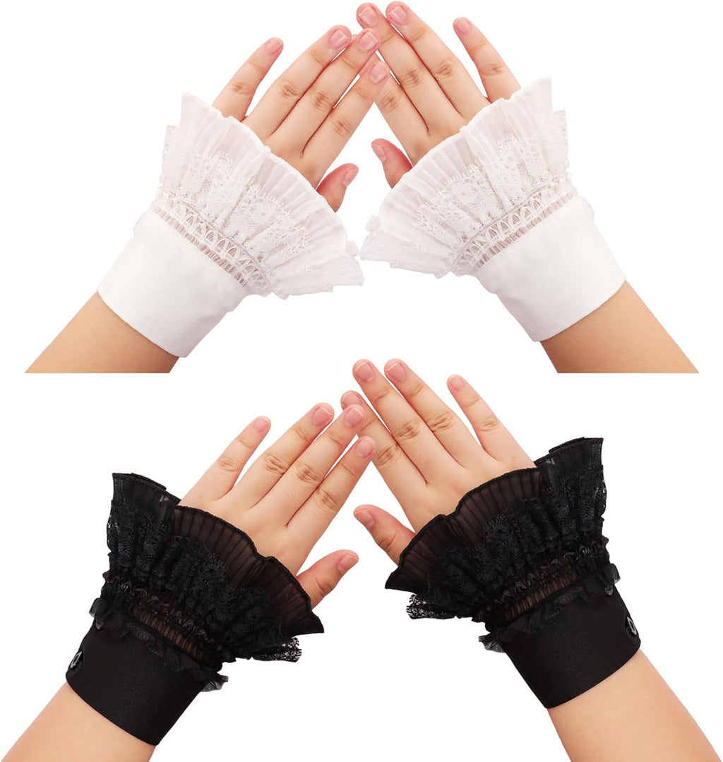 2pcs Floral Layered Lace Wrist Cuffs Sleeves for Women Jabot Cuff Black White Elastic Bracelet for Halloween Cosplay Costumes Wrist Cuffs Costume