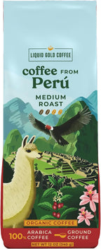 Liquid Gold Organic Coffee from Peru, Medium Roast Ground, 1 Bag 12 oz (340 Grams), Fairtrade, Single Origin Specialty Coffee From El Palto Farm, 100% Arabica Beans, Small Batch Roasted in USA