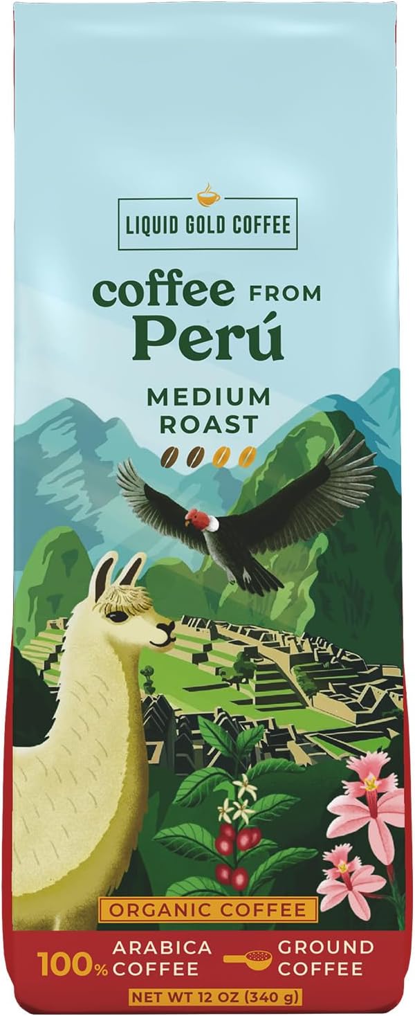 Liquid Gold Organic Coffee from Peru, Medium Roast Ground, 1 Bag 12 oz (340 Grams), Fairtrade, Single Origin Specialty Coffee From El Palto Farm, 100% Arabica Beans, Small Batch Roasted in USA