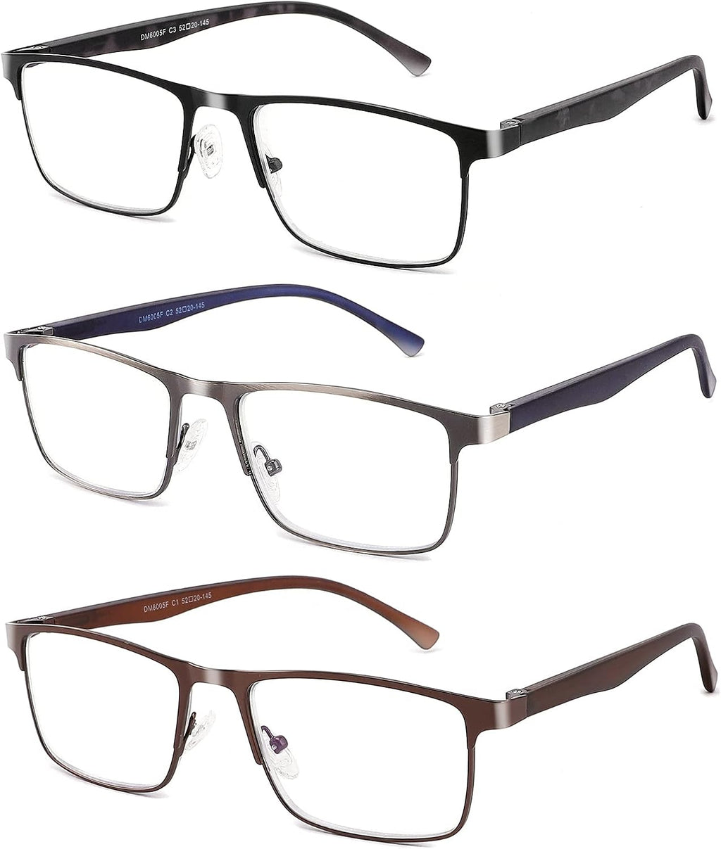 3-Pack Reading Glasses for Men Blue Light Filtering Full Frame Metal Readers Anti Uv/Eye Strain/Glare
