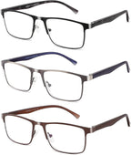 3-Pack Reading Glasses for Men Blue Light Filtering Full Frame Metal Readers Anti Uv/Eye Strain/Glare