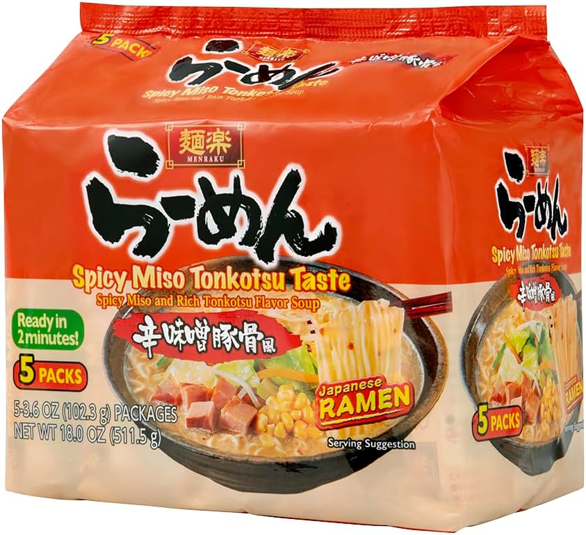 Hikari Menraku Ramen Spicy Miso Tonkotsu Japanese Instant Noodle Soup, 5 Pack, 18 Oz