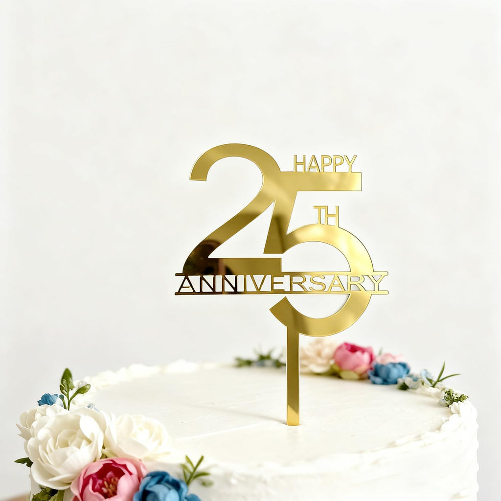 Happy 25th Anniversary Cake Topper, Gold Acrylic Wedding Anniversary Cake Decoration for 25th Company Anniversary Party Decoration Cake Decor Supplies