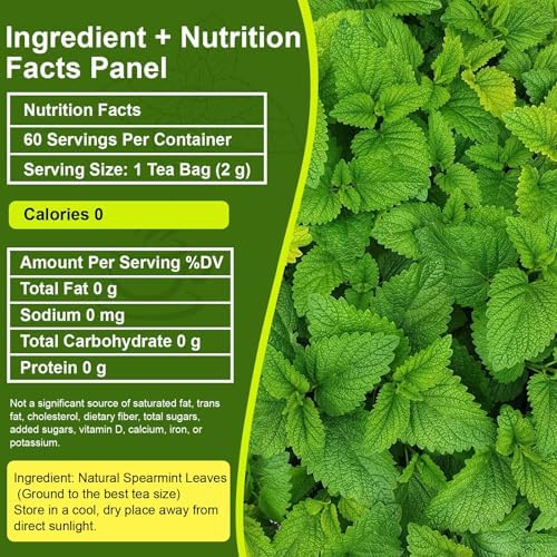 Spearmint Tea Bags 60 Count - 100% Pure Natural Loose Leaf Teabags | Calming Digestive Relief, Fresh Breath, Caffeine Free Herbal Mint Tea