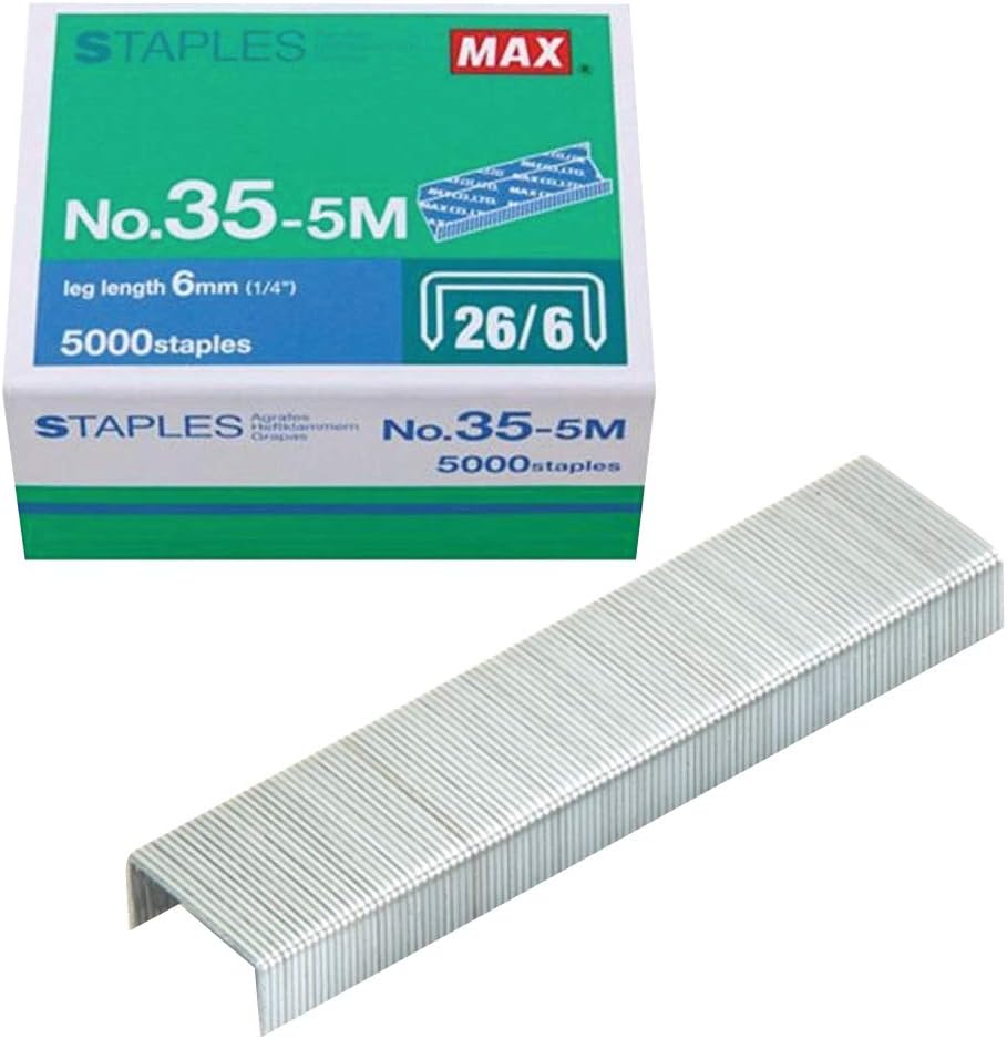 Max 35-5M Standard Staples for USA; Leg Length 6mm (1/4"); 100 Staples per Stick, for Use with Max HD-50, HD-50R, HD-50F and other Standard Staplers, 0.25" Leg Length, 0.5" Crown Width, 5000 Count