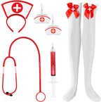 Nurse Halloween Costume for Women 5PC Sexy Red Dress Outfit Set with Adjustable Headband Stethoscope, Earring & Thigh High Socks Adult Halloween Party Roleplay Party Accessories