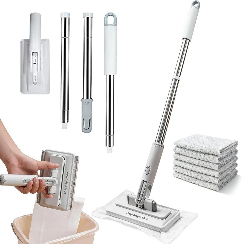 Snap on Grip Mini Mop for Floor Cleaning - Self-Locking Flat Compatible with Any Cloth, Wet & Dry Dust Mop for Hardwood, Walls & Baseboards, Hands-Free Lazy Mop with Microfiber Pads (No Touch)