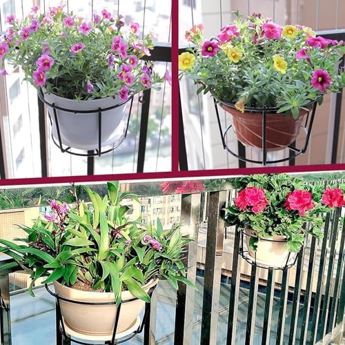 4 Pack Round Hanging Railing Planters, Flower Pot Holders, Metal Pot Plant Basket, Shelf containers for Indoor and Outdoor use (Black)