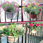 4 Pack Round Hanging Railing Planters, Flower Pot Holders, Metal Pot Plant Basket, Shelf containers for Indoor and Outdoor use (Black)