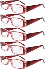 Eyekepper 5-Pack Spring Hinges Rectangular Reading Glasses Readers Red +2.0