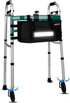 Foldable Walker with 360° Swivel Wheels & Motion Sensor Light, Lightweight Adjustable Height Rolling Walker for Seniors & Adults, Travel-Friendly Walking Frame with Large Storage Bag
