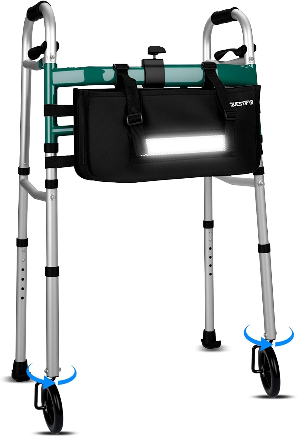 Foldable Walker with 360° Swivel Wheels & Motion Sensor Light, Lightweight Adjustable Height Rolling Walker for Seniors & Adults, Travel-Friendly Walking Frame with Large Storage Bag