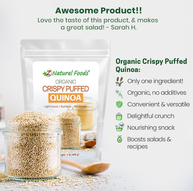 Z Natural Foods Organic Crispy Puffed Quinoa - Real Crisped Quinoa Vegan Superfood - Healthy Quinoa Crisps Snacks for Adults & Kids - Crispy Quinoa Puffs for Baking, Snacks, Yogurts, Gluten-Free, 1 lb