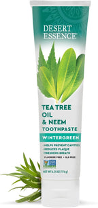 Desert Essence Tea Tree Oil & Neem Toothpaste - Fluoride-Free, Gluten-Free, SLS Free Formula - Vegan, Herbal Toothpaste for Plaque Reduction - Wintergreen Flavor, 6.25 oz