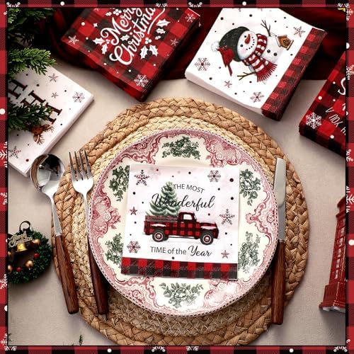 Feifeiya 240 Pcs Christmas Paper Napkins Christmas Disposable Cocktail Napkins Snowman Decoupage 2 Ply Beverage Paper Xmas Holiday Party Supplies for Guest Banquet Lunch Winter Dinner Table Decor