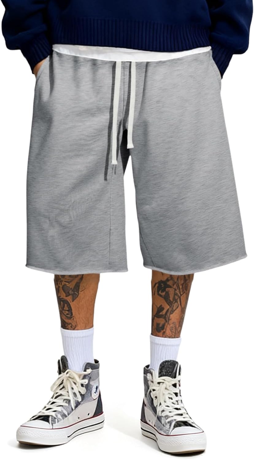 JMIERR 2026 Men's Baggy Sweat Shorts Lightweight Under Knee Casual Raw Hem Drawstring Y2K Shorts Loose Fit Gym Shorts