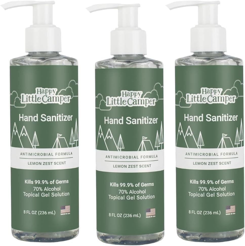 Happy Little Camper Hand Sanitizer with Lemon Zest Scent - Moisturizing Gel with Vitamin E & Antimicrobial Formula- Contains 70% Ethyl Alcohol - Travel Size, Made in USA - 3x 8oz bottles