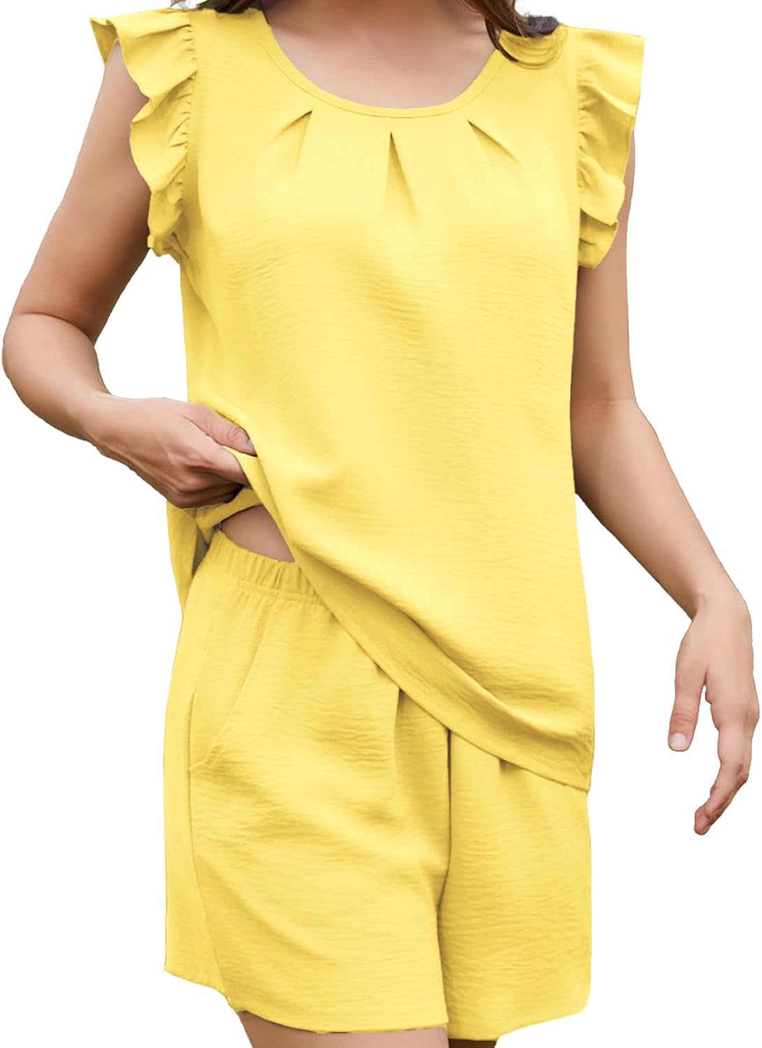 Women Sleepwear Ruffle Pajama Set Lounge Sweat Bridal Pjs Wedding Camisole 2Piece Flutter Sleeve Tank Top and Short