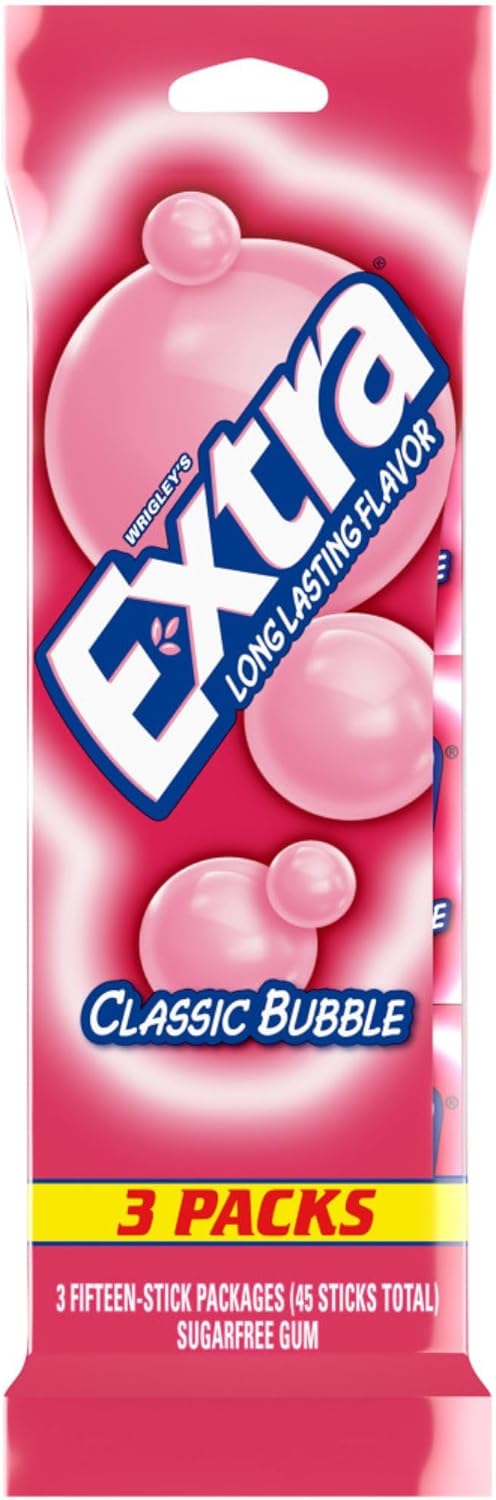 EXTRA Classic Bubble Sugar Free Chewing Gum, 15 Sticks (3 Pack)