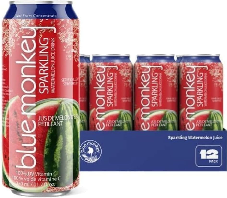 Blue Monkey Sparkling Watermelon Juice - Real Fruit Juice, No Sugar Added, All Natural, Lightly Carbonated, Halal Certified - Refreshing Tropical Sparkling Water Alternative - 11.2oz (330ml) 12 Pack