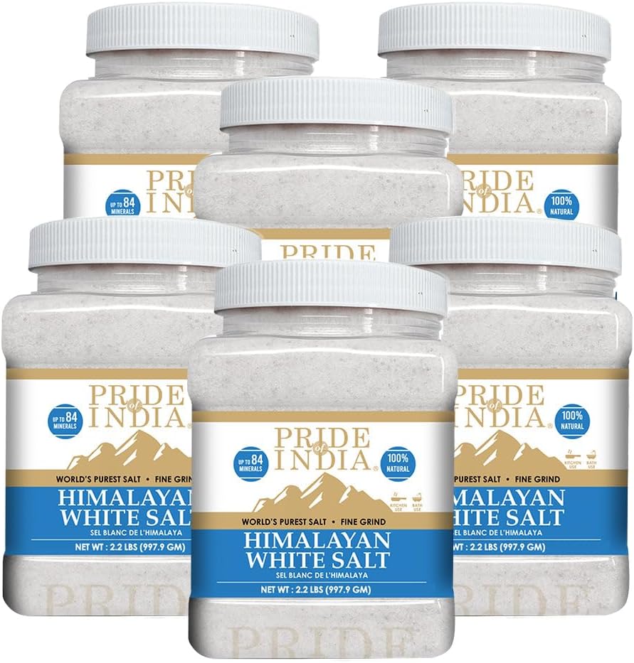 Pride of India - PACK of 6 - Himalayan White Salt Fine Grind 2.2 lbs (997.90 gm)- Rarest & Enriched W/84+ Natural Minerals- Low Sodium- Mineral Rich Nutrition and Enhanced Taste- Healthier Table Salt
