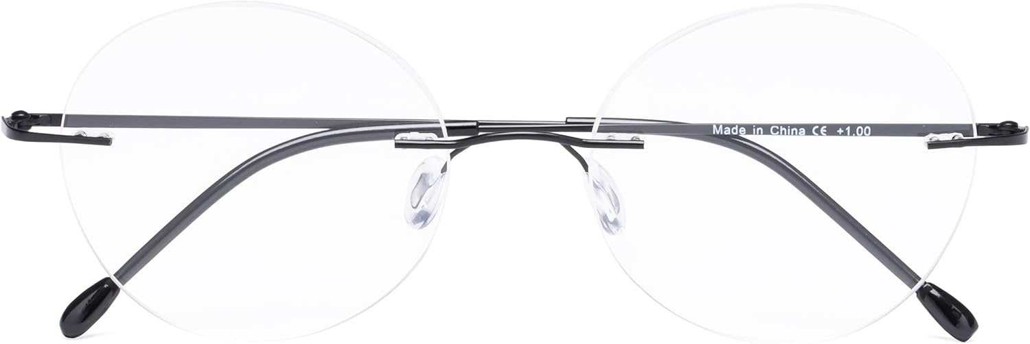 CessBlu Rimless Reading Glasses Round Readers for Men Women (Black) +1.0