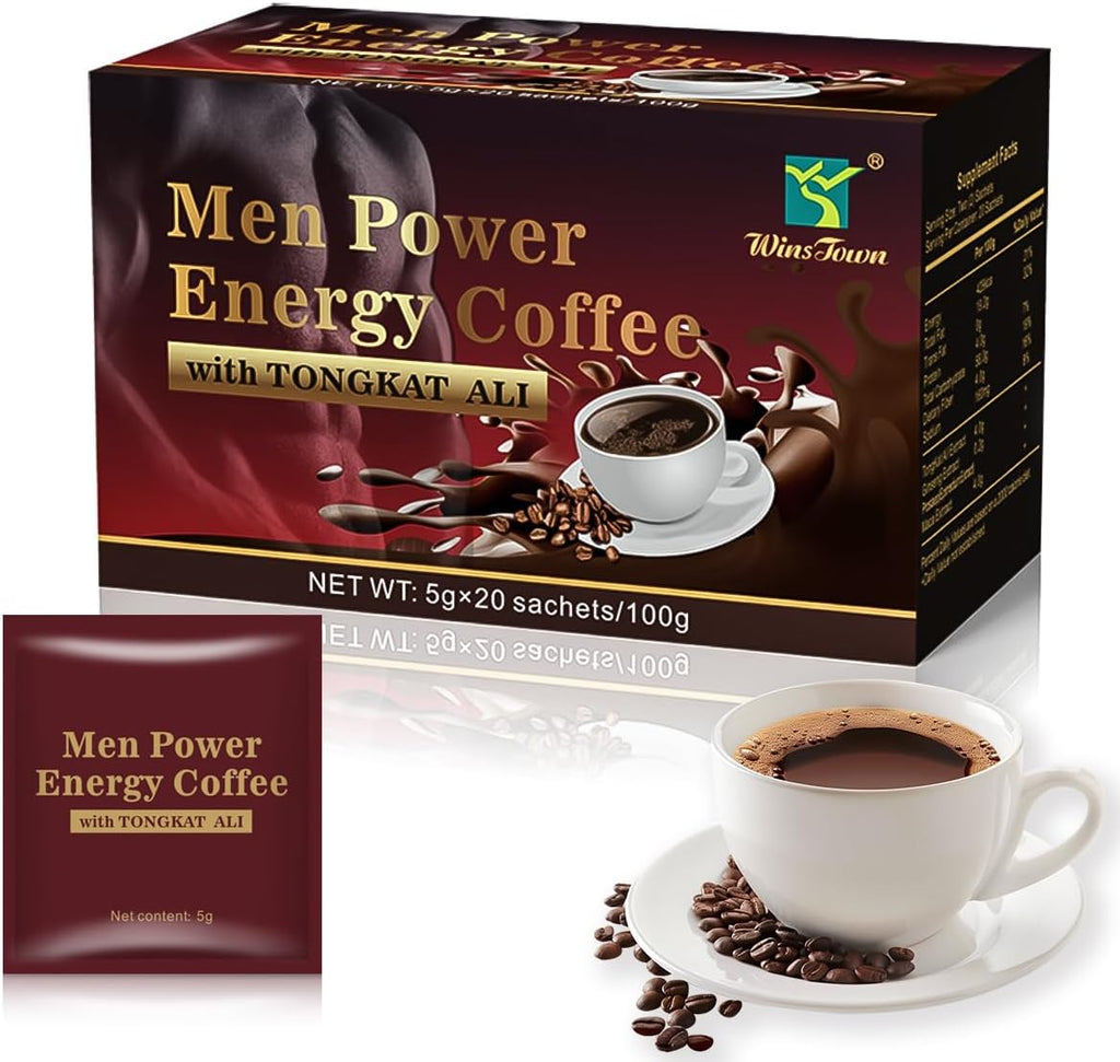 Men's Herbal Energy Coffee-Instant Black Coffee with Maca, Tongkat Ali, Epimedium&Ginseng–Boost Focus, Energy&Stamina–20 Sachets