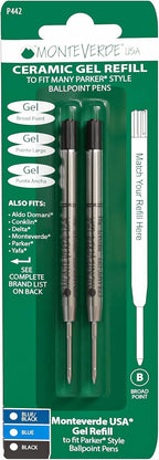 Monteverde USA Capless Ceramic Gel Refills to Fit Parker Ballpoint Pens, Broad Point, Black Ink, 2-Pack – Reliable and Smooth Writing Solution