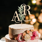 Personalized Wedding Cake Topper in Wood Custom Bride and Groom Initial Cake Topper Cake Decoration (Green Leaves)