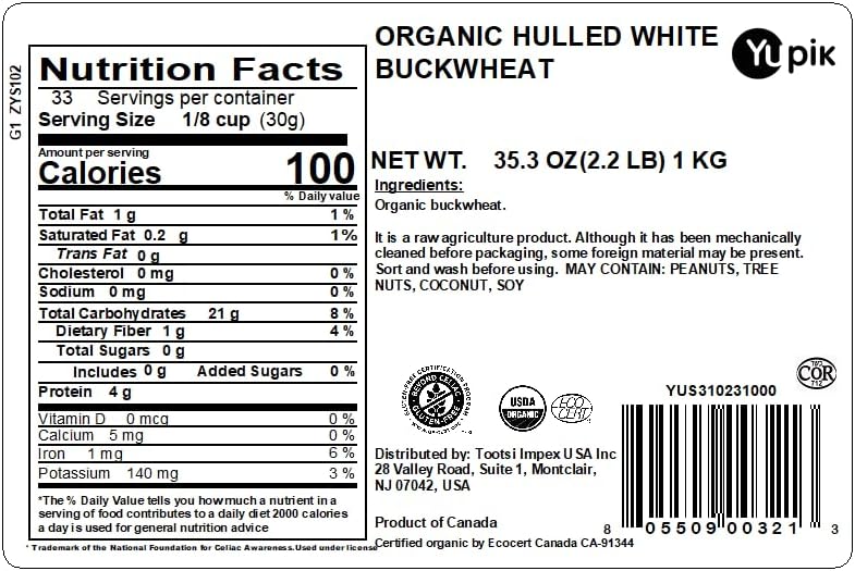 Yupik Organic White Buckwheat, Hulled, 2.2 lb (35.2 oz), Gluten-Free, Non-GMO, Kosher, Vegan, Whole Raw Groats, Kasha, Wheat-Free, Salt-Free, Plant-Based Protein, Source of Fiber, For Baking, Cooking