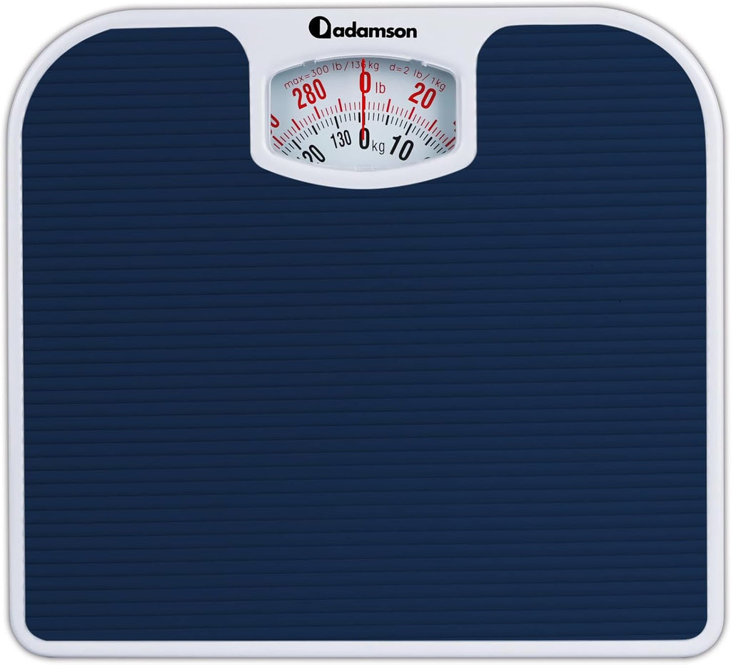 Adamson A21 Analog Scales for Body Weight - Up to 300 LB - New - Anti-Skid Rubber Surface - Large Numbers - Analog Bathroom Scale - Affordable - Durable with 20-Year Assurance - Blue