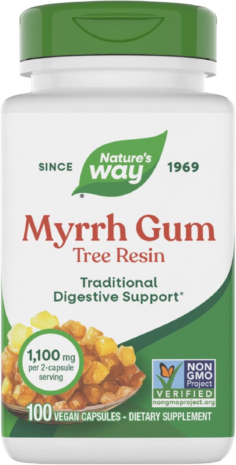 Nature's Way Myrrh Gum Tree Resin, Traditional Digestive Support*, 1.1 g per 2-Capsule Serving, Non-GMO Project Verified, No Gluten, 100 Vegan Capsules (Packaging May Vary)