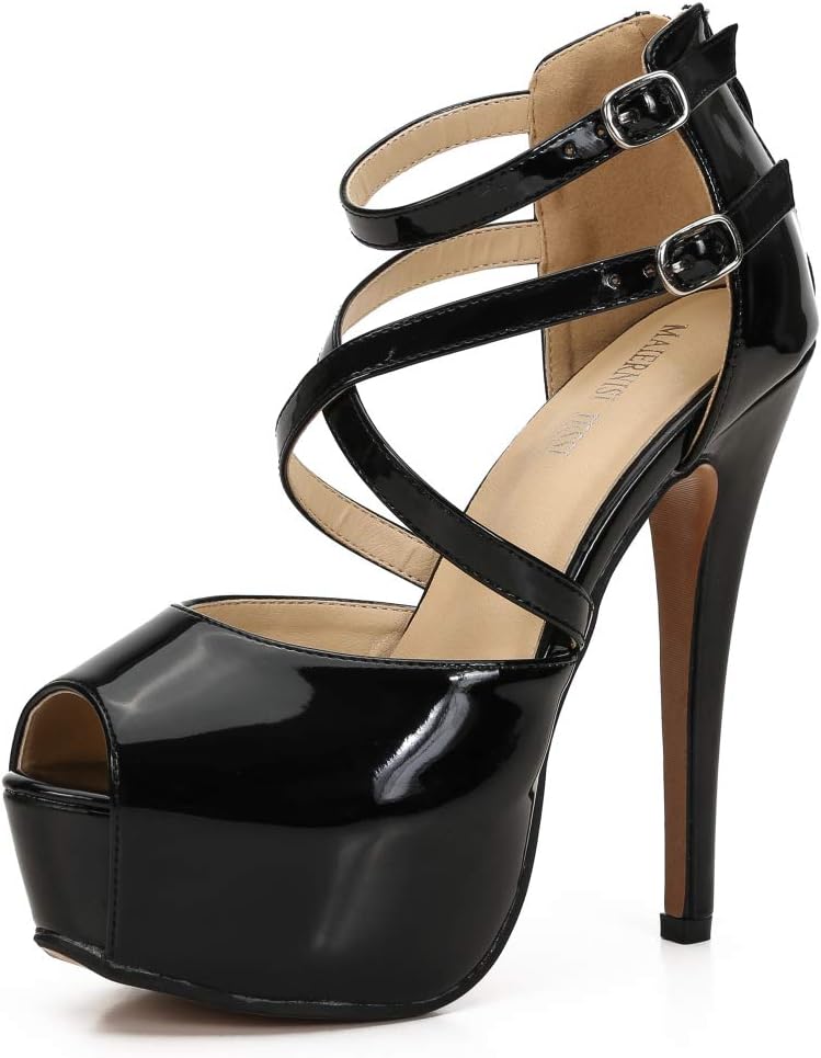 MAIERNISI JESSI Women's Platform High Heel Sandals, Peep Toe, Crisscross Straps, Strappy Ankle Buckle, Zip, Stiletto Heels