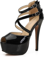 MAIERNISI JESSI Women's Platform High Heel Sandals, Peep Toe, Crisscross Straps, Strappy Ankle Buckle, Zip, Stiletto Heels