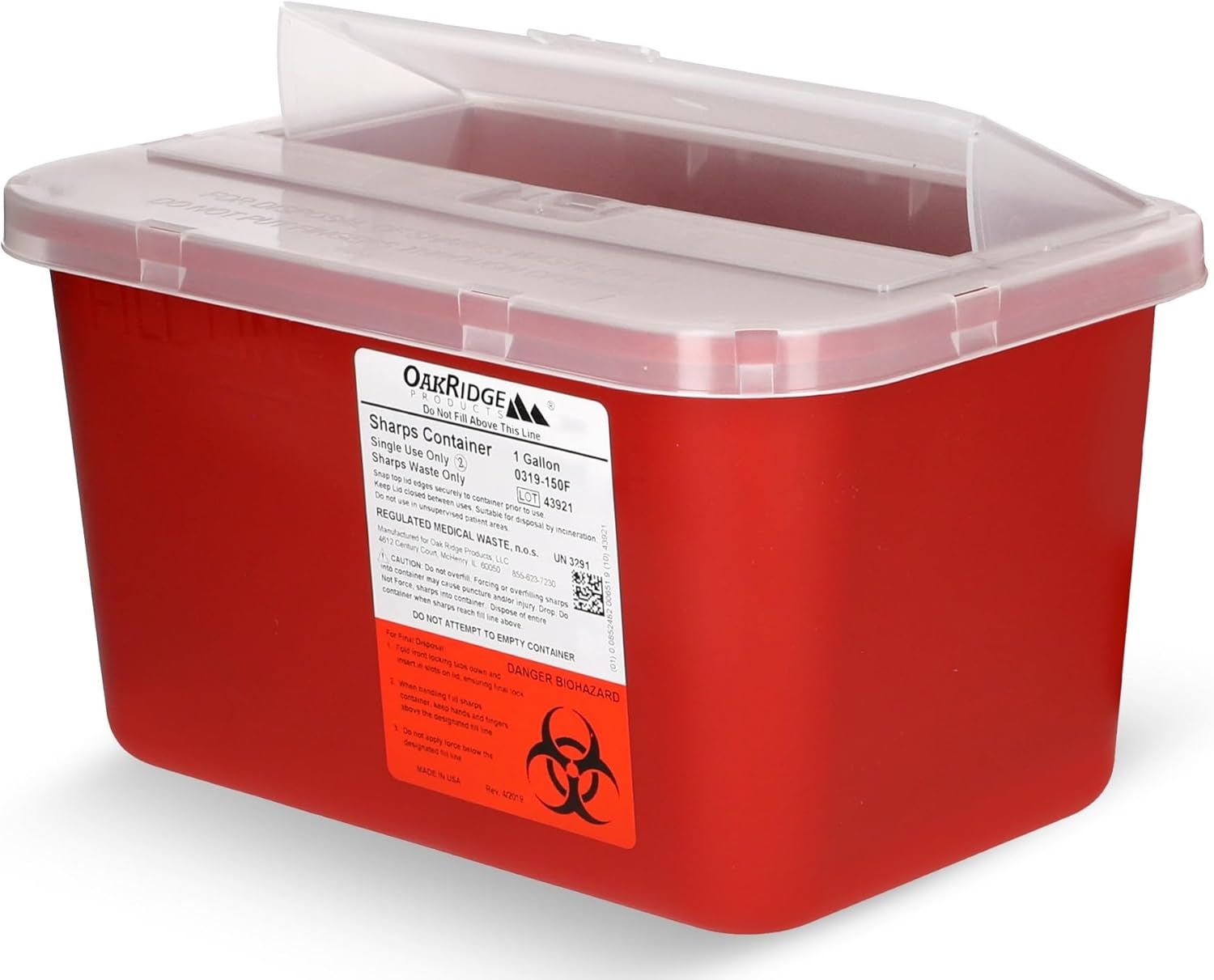 Oakridge Products Large Sharps Container for Home Use and Professional 1 Gallon (24-Pack), Biohazard Needle and Syringe Disposal, Pop Up Lid, CDC Certified