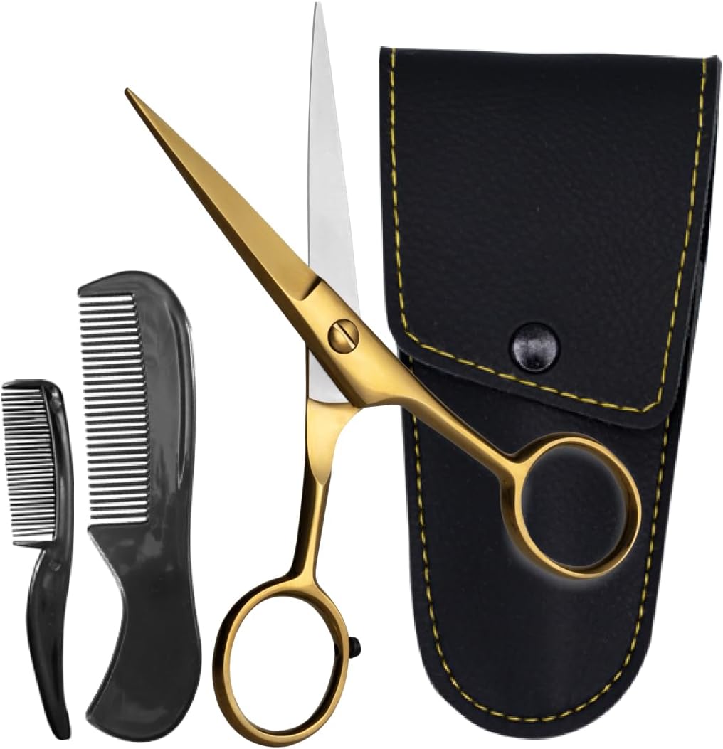 Ontaki Beard & Mustache Scissors for Men - 5inch, Gold Brass - 410C German Steel Durable, Ergonomic Design Travel Friendly Facial Hair Scissors - Beard Kit 2 Combs & Case Perfect for Styling