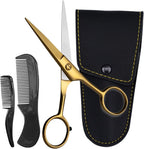 Ontaki Beard & Mustache Scissors for Men - 5inch, Gold Brass - 410C German Steel Durable, Ergonomic Design Travel Friendly Facial Hair Scissors - Beard Kit 2 Combs & Case Perfect for Styling