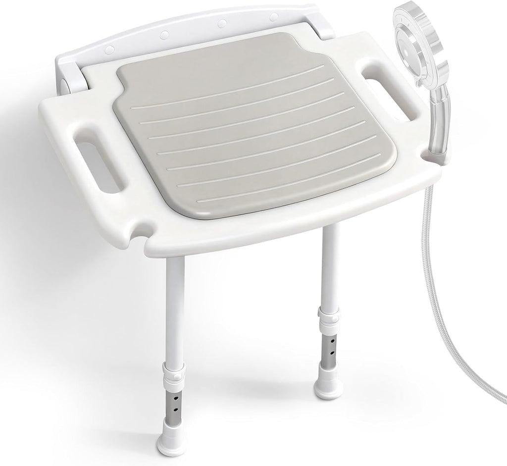 Wall Mounted Shower Seat with Arms, 2mm Thick Aluminum Frame Supports 550lbs, Folding Shower Chair with Memory Foam Cushion, 8 Adjustable Heights, Fold Down Bathroom Bench for Seniors & Disabled