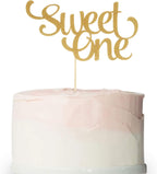 1st Birthday Gold Cake Topper - Glitter Sweet One Cake Topper for Photo Booth Props, Single-Sided First Anniversary Party Shower Cake Smash Decorating