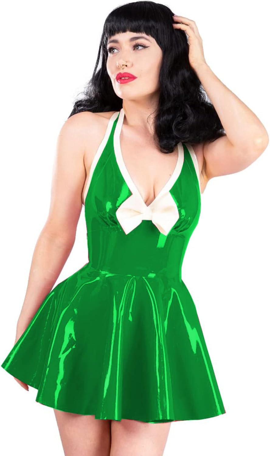 Womens Ladies Faux Leather Pleated Bow Mini Dress Sleeveless Backless PVC Dress A-line Sexy V Neck Clubwear Costumes,Green,4XL