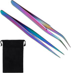 2PCS Sticker Tweezers, Tweezers for Crafting Straight and Curved Tip Tweezer Stainless Tweezer for Stickers Eyelash Extensions Precision Electronics Nail Rhinestone Jewelry, Scrapbooking Tools