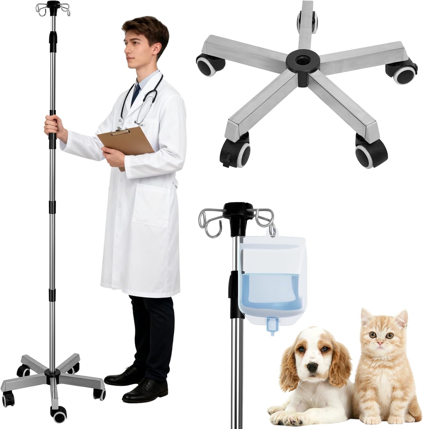 Multifunctional Foldable IV Pole with Wheels, Portable Medical IV Stand with 4 Hooks, Adjustable Height 43-83 Inch, Stainless Steel IV Drip Stand for Hospital, Clinic, Home Use