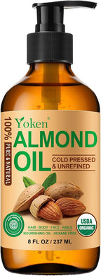 Yoken Organic Almond Oil 8 fl oz, USDA 100% Pure Natural Cold Pressed Almond Oils in Glass Bottle, Moisturizing Carrier Oil for Face, Hair & Body - Ideal for Skin Care, Soothing Massage & DIY Beauty