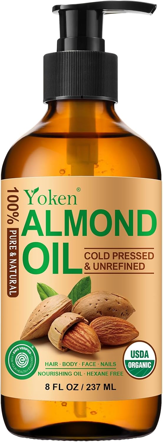 Yoken Organic Almond Oil 8 fl oz, USDA 100% Pure Natural Cold Pressed Almond Oils in Glass Bottle, Moisturizing Carrier Oil for Face, Hair & Body - Ideal for Skin Care, Soothing Massage & DIY Beauty